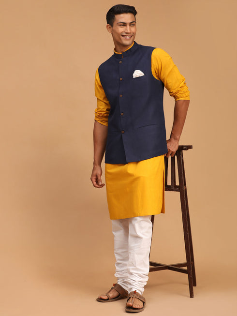 Men's Navy Blue Solid Cotton Nehru Jacket With Mustard Kurta And White Pyjama Set